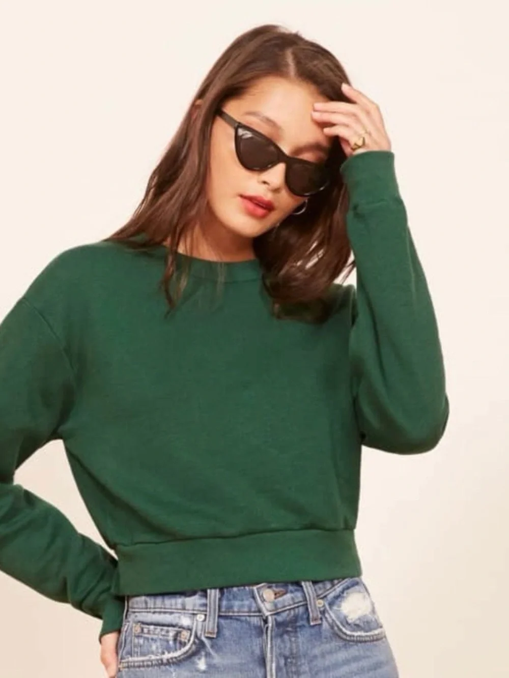 NWT Reformation Jeans Hunter Sweatshirt Cropped in Pine Green Color Size L
